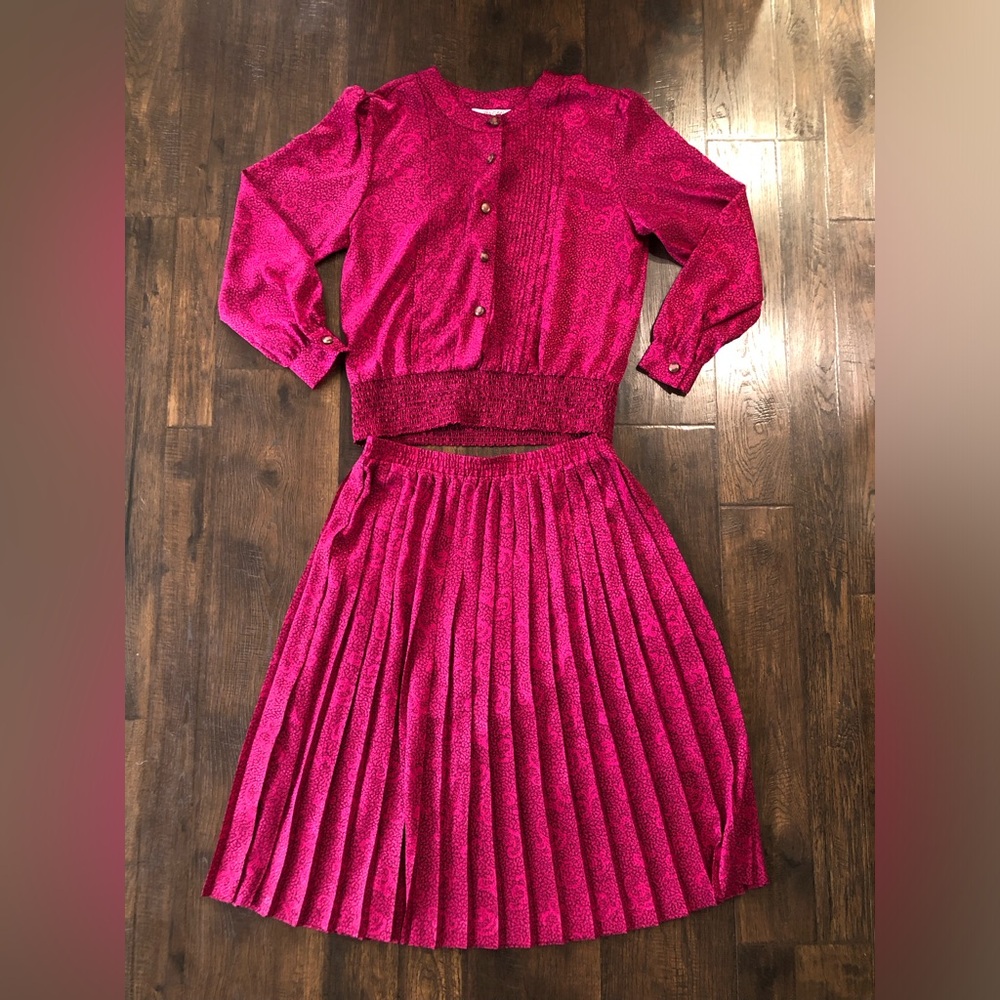 Vintage 80s Andrea Gayle Matching Skirt and Blouse Top Shirt Set Size 12 Pink